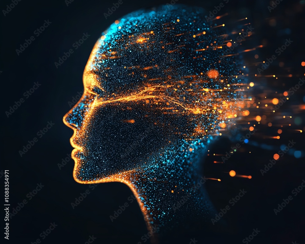 Aufkleber Futuristic digital human head surrounded by glowing data particles, dark background, artificial intelligence, advanced technology concept, hightech design