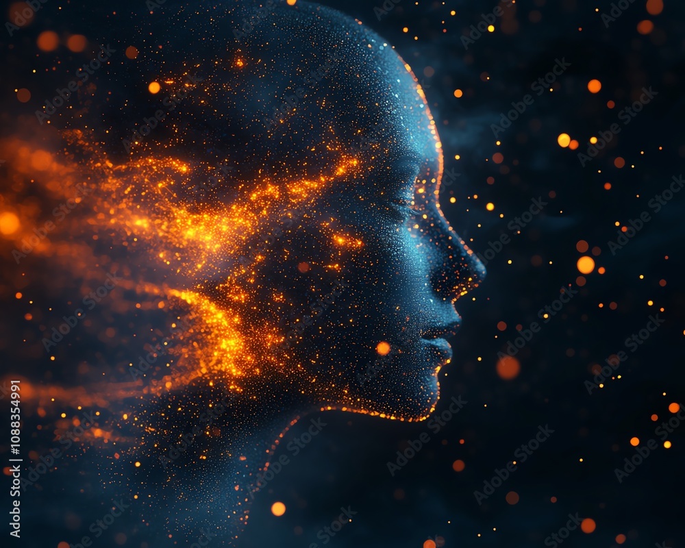 Poster Futuristic digital human head surrounded by glowing data particles, dark background, artificial intelligence, advanced technology concept, hightech design