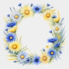 Obraz premium Delicate watercolor wreath of daisies and cornflowers, painted in soft pastel shades, creating a peaceful and beautiful floral composition