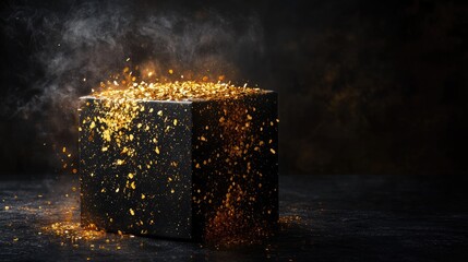 Elegant black gift box surrounded by a burst of gold confetti, set against a dark, moody background for a striking and festive appearance