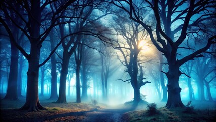 Obraz premium Eerie Halloween Foggy Forest Silhouette with Haunting Mist and Shadows for Spooky Backgrounds, Perfect for Halloween Decor and Seasonal Illustrations