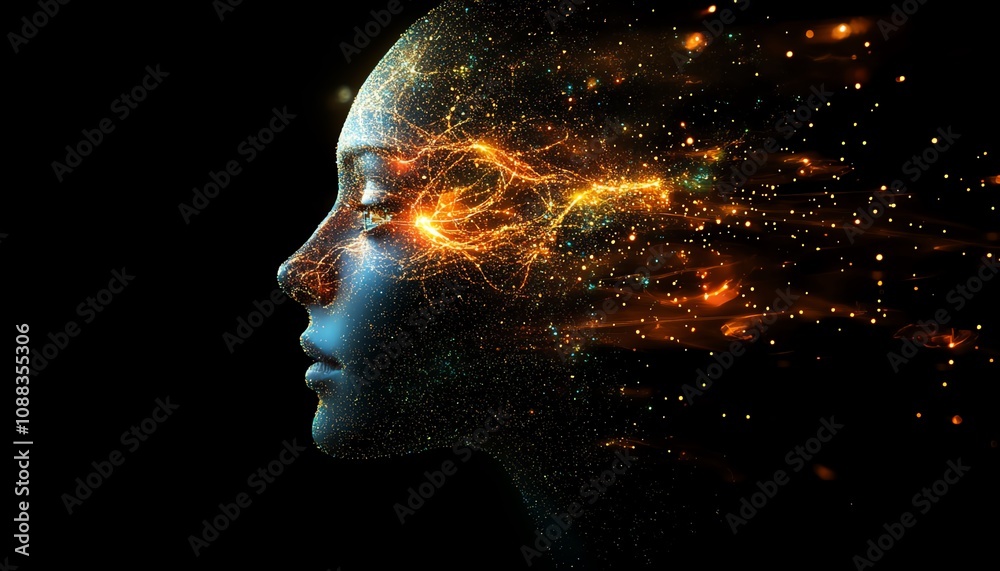 Poster glowing data particles surrounding digital human head, dark background, artificial intelligence conc