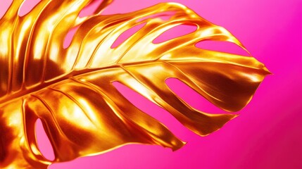 Fototapeta premium Close-up of a shimmering golden monstera leaf set against a vibrant pink background, exuding a tropical and luxurious summer aesthetic with ample space for text.
