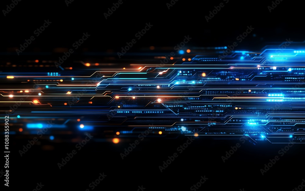Poster hightech blue circuit board closeup with glowing lines, dark background, digital glow effect