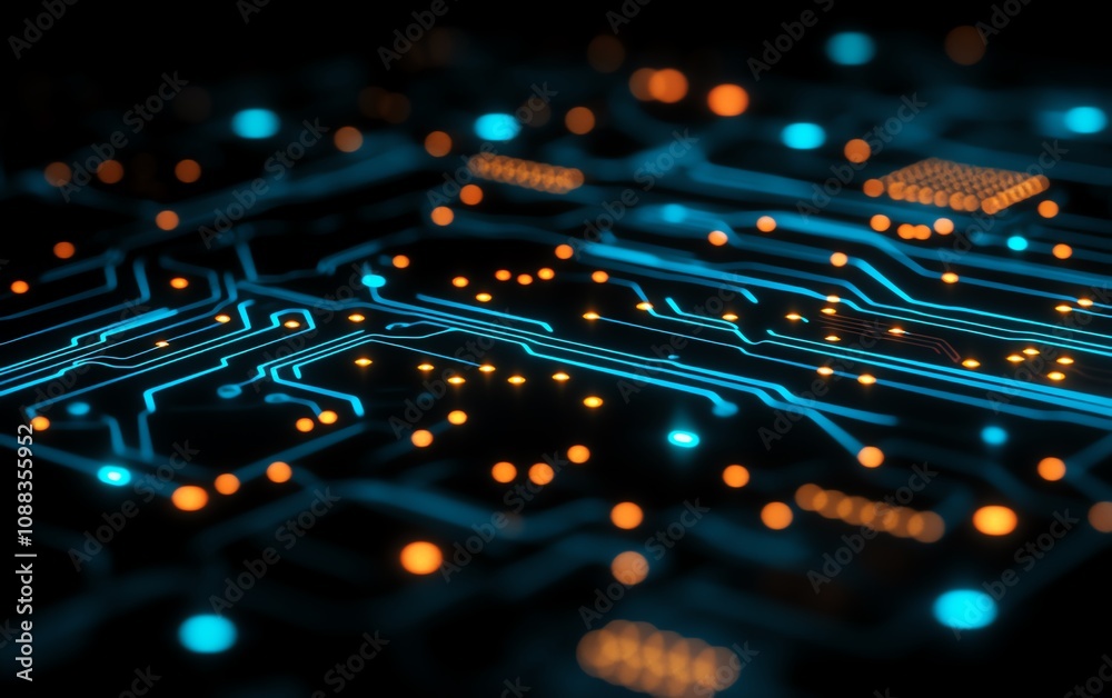 Poster hightech blue circuit board closeup with glowing lines, dark background, digital glow effect