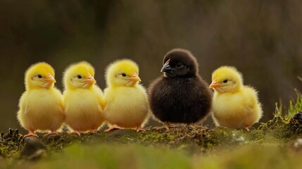 Naklejka premium Five chicks standing close together, featuring four fuzzy yellow chicks and one sleek black chick, against a soft blurred background.