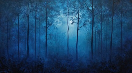 Fototapeta premium Mysterious Nightscape of Enchanted Woodland with Tall Trees and Ethereal Blue Hues Illuminated by a Ghostly Moonlight