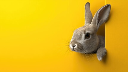 Fototapeta premium Illustration of a Rabbit Peeking Out from a Bright Yellow Barrier with Space for Custom Advertising and Messaging in a Creative Design Template