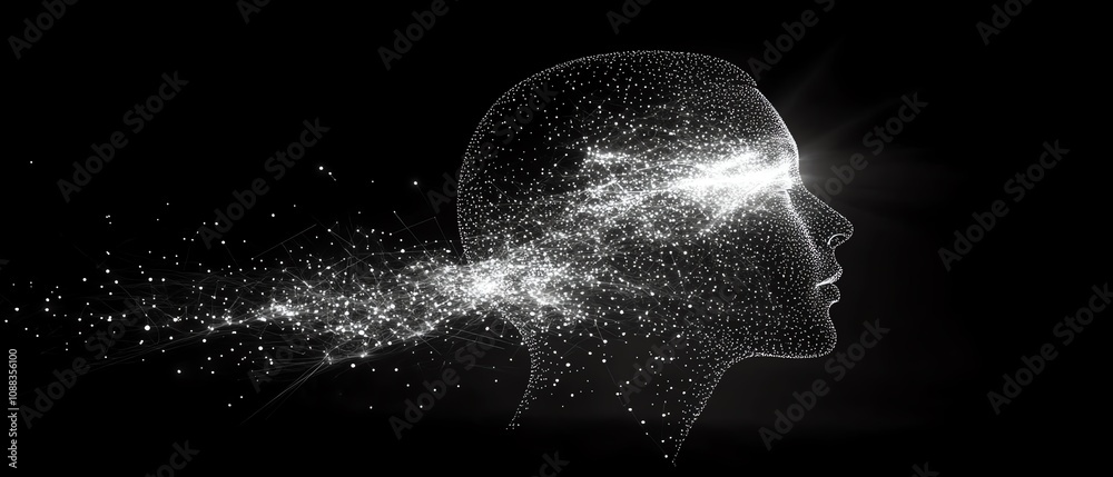 Poster human head outline made of glowing digital network connections, dark background, ai generative desig