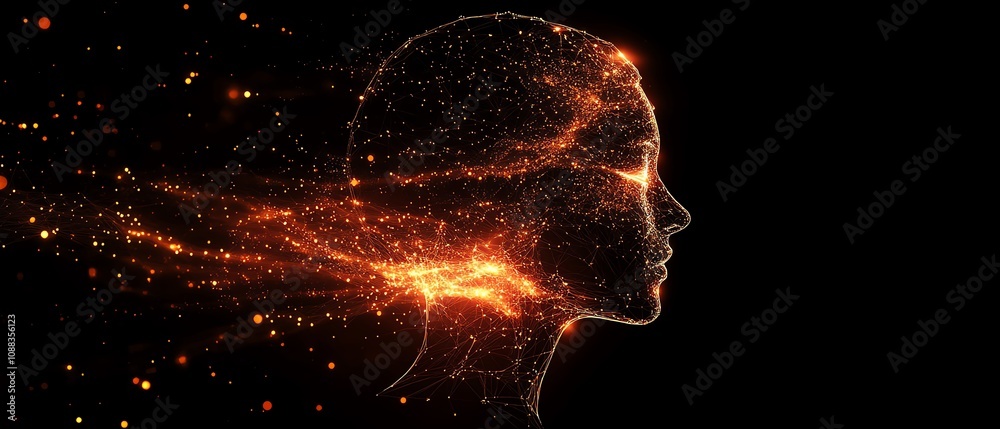Poster human head outline made of glowing digital network connections, dark background, ai generative desig