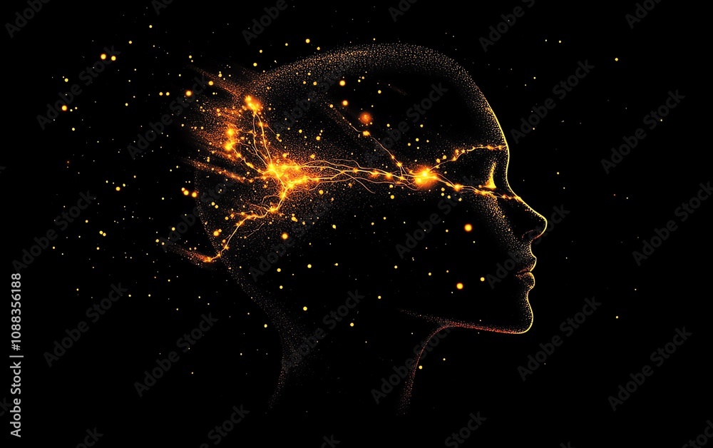 Poster Human head silhouette made of glowing data particles, dark background, advanced artificial intelligence design, hightech neural connections, digital technology