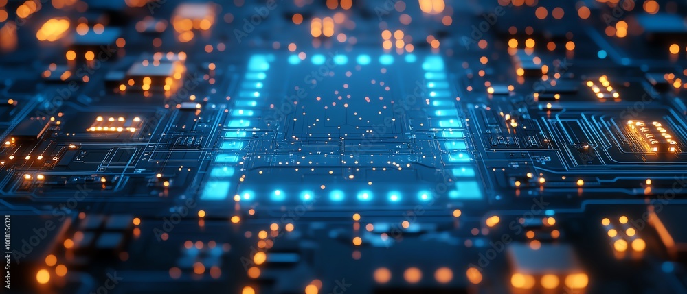 Poster illuminated blue led lines on a dark circuit board background, abstract technology design, glowing d