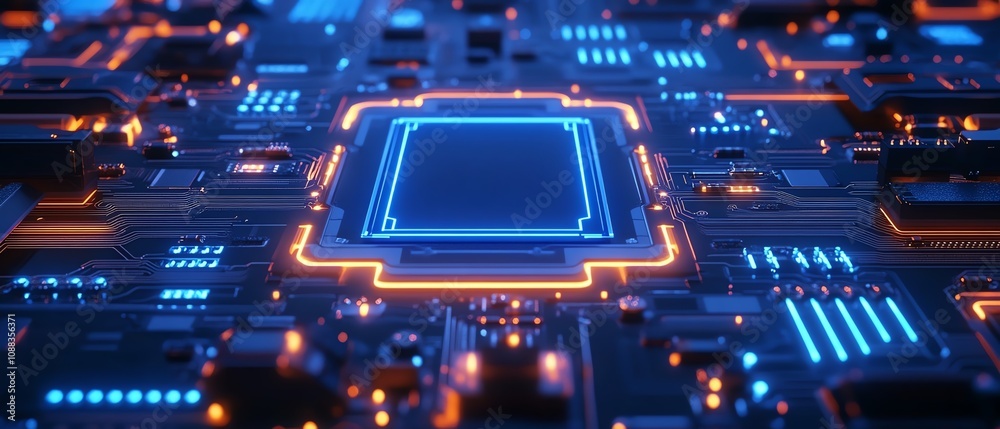 Aufkleber illuminated blue led lines on a dark circuit board background, abstract technology design, glowing d