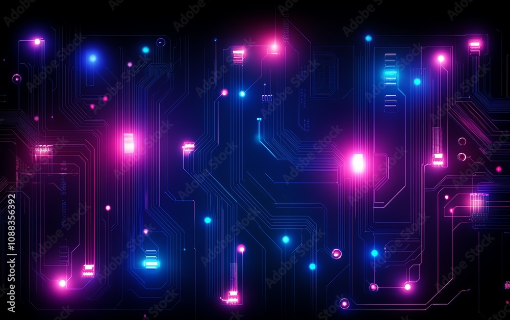 Poster intricate blue circuit board closeup with illuminated lines, dark background, glowing hightech desig