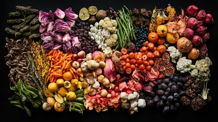 Artistic arrangement of vibrant, nutrient-rich fruits and vegetables on a black background, highlighting their diverse colors and health benefits.