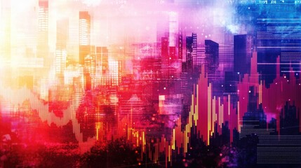 Fototapeta premium Vibrant digital collage with stock market graphs and binary code overlaying urban skyline, depicting modern financial and technological landscapes, finance, data trends.