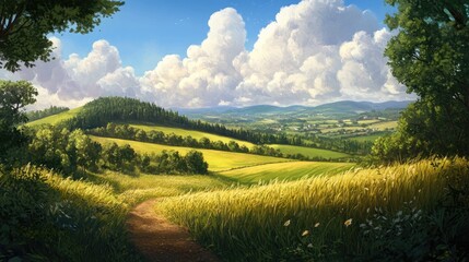 Naklejka premium Lush green fields with a winding path leading to scenic hills under a bright blue sky filled with fluffy white clouds.