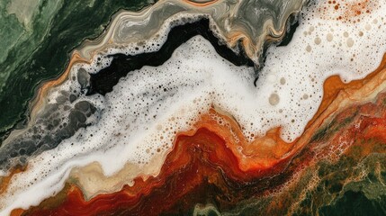 Obraz premium Abstract fluid acrylic art with white foamy swirls on a vibrant green and orange backdrop, showcasing dynamic color movement and intricate stone-like textures, fluid art, captivating design.