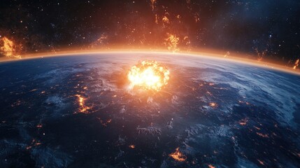 Fototapeta premium Aerial view of a significant nuclear explosion on Earth's surface, capturing a crucial moment for humanity with fiery impact and surrounding atmospheric effects, global catastrophe.