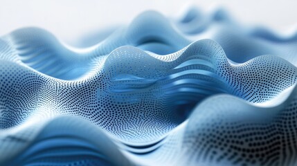 Abstract digital landscape of smooth blue waves with swirling dotted lines, creating a dynamic and visually striking background with a gradient effect.