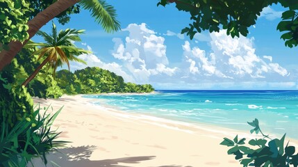 Naklejka premium Serene tropical beach scene with soft white sand, clear turquoise waters, lush greenery, and a bright blue sky filled with fluffy clouds.