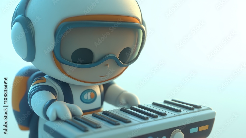 Poster A cute astronaut character playing a keyboard in a whimsical, colorful setting.