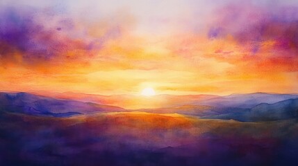 Fototapeta premium Elegant watercolor sunset backdrop featuring vibrant orange and violet hues blending across a tranquil sky with soft clouds and distant mountains.