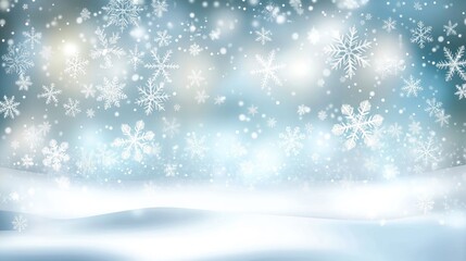 Fototapeta premium Winter scene with soft blue and silver tones, featuring blurred snowflakes that create a dreamy ambiance and offer ample space for text.
