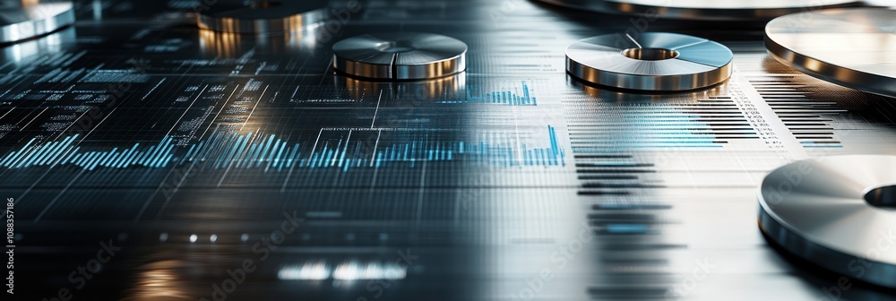 Aufkleber A futuristic digital workspace with audio equipment and data visualization elements.