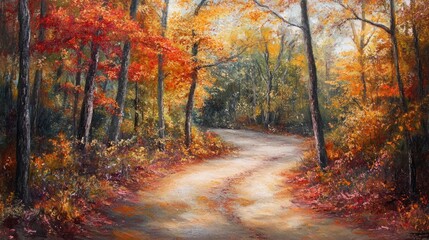 Winding path through tranquil autumn forest, vibrant orange and red foliage, dried maple leaves covering the ground, serene atmosphere, scenic park trail, nature landscape.