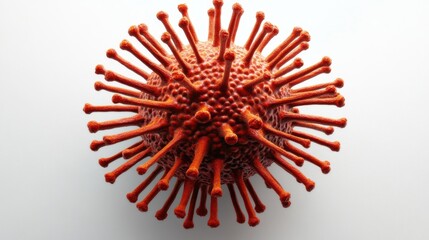 Obraz premium Detailed close-up of a stylized virus with prominent orange spikes against a clean white background, showcasing its intricate structural features.