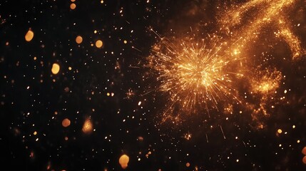 Fototapeta premium Vibrant golden fireworks and sparkling lights illuminate a dark night sky, creating a festive backdrop with space for personalized text.
