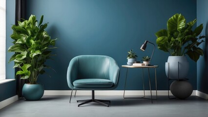  For a contemporary office aesthetic, place a chic blue office chair next to a green plant in a minimalistic arrangement against