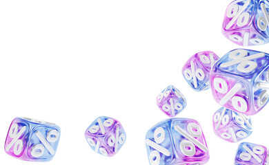 3d glass holographic cubes with percent sign fall on white background render. Rainbow crystal block, square box with pink blue gradient, discount percentage, sale or offer fly in air. 3D illustration