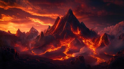 Fototapeta premium Majestic mountain landscape illuminated by molten lava at sunset, showcasing nature's fierce beauty and vibrant hues in a dramatic scene.
