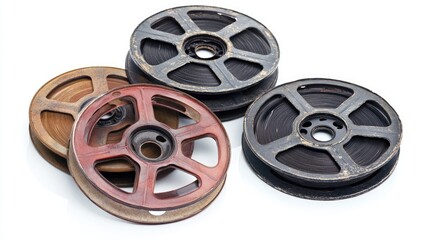 Fototapeta premium Classic 8mm film reels showcasing vintage designs with various colors and textures, set against a clean white background. Perfect for film enthusiasts.