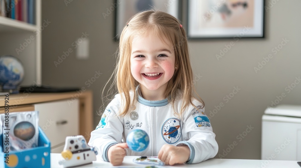 Poster a joyful child dressed as an astronaut, engaged in a space-themed activity.