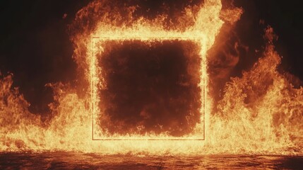 Frame surrounded by roaring flames providing ample blank space for text against a dramatic dark background for impactful visuals