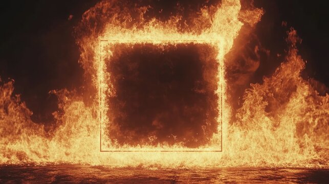 Frame surrounded by roaring flames providing ample blank space for text against a dramatic dark background for impactful visuals