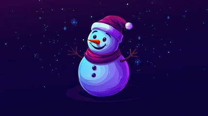 Obraz premium Cheerful minimalist snowman with a festive hat and scarf, set against a starry winter night background creating a cozy holiday atmosphere.