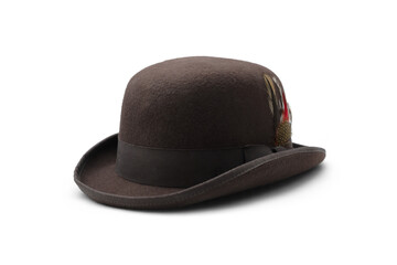 Classic Brown Bowler Hat with Feather Accent for Timeless Style Isolated with Transparent shadow