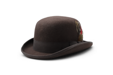 Classic Brown Bowler Hat with Feather Accent for Timeless Style Isolated with Transparent shadow