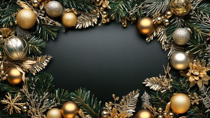 FestiveChristmas frame with golden and silver ornaments surrounded by lush evergreen branches, perfect for holiday decorations and celebrations.