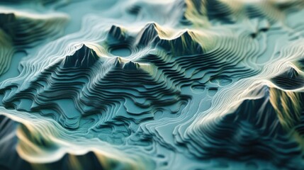 Digital Abstract Mountain Landscape with Layered Topographic Contours, Highlighting Elevated Relief, Depth, and Terrain Features for Design and Mapping Visualization