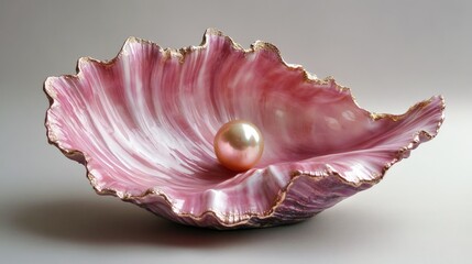 Fototapeta premium Exquisite pink shell with intricate textures showcasing a lustrous golden pearl nestled within its elegant curves.
