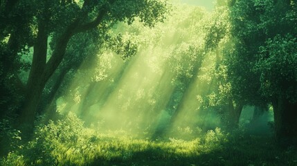 Obraz premium Sunlight Glimmers Through Lush Green Trees Creating a Serene Atmosphere in a Vibrant Forest Scene