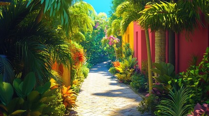 Lush tropical alleyway featuring vibrant foliage and colorful walls, inviting pathway adorned with diverse plants and flowers under bright sunlight.