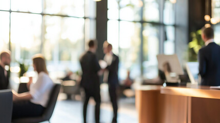 Business Lounge Ambiance: A blurred image of a professional lounge with participants in business attire. 