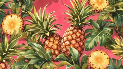 Vibrant pineapple and pineapple slice wallpaper featuring lush green leaves on a bright pink background, creating a tropical and cheerful aesthetic.