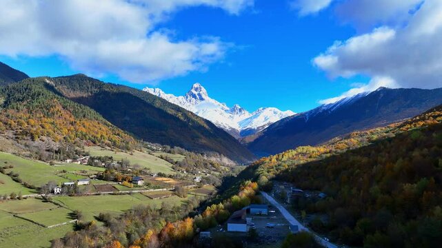 Landscape in Svaneti, Georgia, with view of the Ushba mountain